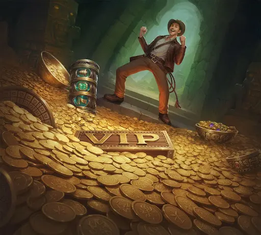 Blije avonturier die juichend tussen een zee van gouden munten en een VIP-kist staat in een verborgen tempelzaal, als symbool voor exclusieve voordelen en beloningen dankzij de sankra bonus