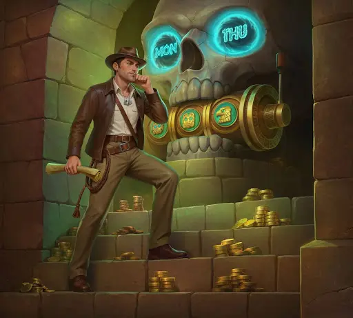 Avonturier die nadenkend voor een mysterieus schedelmechanisme met lichtgevende symbolen staat, omringd door goud in een verborgen tempel, als metafoor voor strategie en beloningen bij inloggen bij sankra